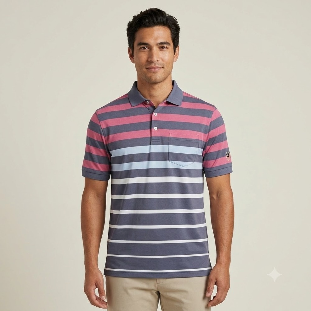 Stitch Golf Polo Shirt Mens Small Pink Navy Striped Performance Bird‎ Crest
